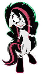 Size: 506x843 | Tagged: safe, artist:niightlydark, oc, oc only, oc:emala jiss, blood, bloody knife, chest fluff, choker, crazy face, cutie mark, ear piercing, earring, eyelashes, eyeliner, faic, floppy ears, full body, goth, heterochromia, holding, insanity, jewelry, knife, makeup, outline, piercing, psycho, red and black oc, shiny, shrunken pupils, sideways glance, simple background, solo, spiked choker, standing, standing on one leg, stitches, transparent background