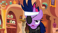 Size: 1280x720 | Tagged: safe, screencap, twilight sparkle, pony, unicorn, it's about time, eyepatch, female, future twilight, in the future, mare, meme, meme origin, solo, template, unamused