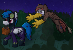 Size: 1501x1024 | Tagged: safe, artist:moemneop, derpibooru import, oc, oc only, oc:kami, oc:lukida, griffon, pegasus, pony, clothes, costume, lukami, mouth hold, nightmare night, nightmare night costume, pounce, pumpkin bucket, shadowbolts costume