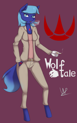 Size: 2597x4108 | Tagged: safe, artist:wolfy-pony, oc, oc only, oc:makina wolfsbane, anthro, earth pony, hybrid, unguligrade anthro, wolf, anthro oc, belt, blowing, cigarette, clothes, open mouth, pants, signature, smoking, solo