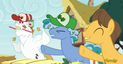 Size: 1292x678 | Tagged: safe, derpibooru import, screencap, bulk biceps, caramel, pony, the cart before the ponies, baseball cap, cap, discovery family logo, drinking hat, hat, male, slate stone, stallion