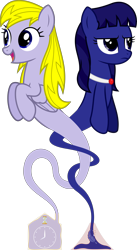 Size: 6400x11685 | Tagged: safe, artist:parclytaxel, oc, oc only, oc:azure wrath, oc:timey marey, earth pony, genie pony, pegasus, pony, .svg available, absurd resolution, angry, bottle, clock, collar, female, frown, gem, genie, knot, mare, open mouth, raised hoof, simple background, smiling, transparent background, vector