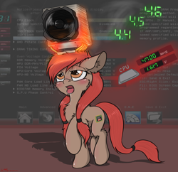 Size: 2000x1939 | Tagged: safe, artist:orang111, oc, oc only, oc:a-10, oc:trinity, earth pony, object pony, original species, pony, amd, bios, blushing, brown coat, chest fluff, cooling fan, cpu, cpu pony, ear fluff, open mouth, overclocking, ponified, raised hoof, red mane, software, solo, tongue out