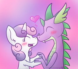 Size: 486x432 | Tagged: safe, artist:scourgesong, derpibooru import, spike, sweetie belle, dragon, blushing, female, heart, holding hands, male, shipping, spikebelle, straight