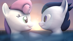 Size: 3840x2160 | Tagged: safe, artist:viranimation, rumble, sweetie belle, 3d, beach, cute, male, rumbelle, shipping, source filmmaker, straight, water