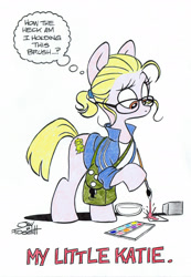 Size: 1812x2618 | Tagged: safe, artist:jay fosgitt, artist:katiecandraw, derpibooru import, idw, oc, oc only, earth pony, pony, artist, blonde, clothes, comic, dexterous hooves, drawing, eyebrows, female, glasses, hoof hold, jacket, joke, katie cook, lampshade hanging, looking down, mare, paint, painting, parody, ponysona, satchel, shirt, solo