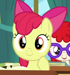 Size: 442x475 | Tagged: safe, derpibooru import, screencap, apple bloom, twist, earth pony, pony, the cart before the ponies, adorabloom, bow, cropped, cute, female, filly, glasses, hair bow, raised hoof, smiling