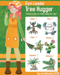 Size: 650x813 | Tagged: safe, artist:caramelcookie, derpibooru import, tree hugger, human, abomasnow, adobe illustrator, crossover, exeggutor, humanized, maractus, mega sceptile, peace sign, pokéball, pokémon, pokémon trainer, sceptile, solo, trevenant, tropius