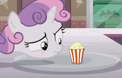 Size: 691x446 | Tagged: safe, edit, edited screencap, screencap, sweetie belle, pony, forever filly, exploitable meme, food, meme, popcorn, solo, sweetie's plate