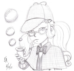 Size: 800x762 | Tagged: safe, artist:mayorlight, sugarcoat, equestria girls, friendship games, bubble, bubble pipe, female, glasses, hat, monochrome, pencil drawing, sherlock holmes, traditional art