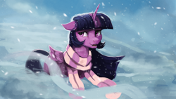 Size: 1920x1080 | Tagged: safe, artist:hierozaki, twilight sparkle, twilight sparkle (alicorn), alicorn, pony, clothes, floppy ears, fluffy, scarf, snow, snowfall, solo, windswept mane, winter