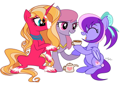 Size: 5000x3481 | Tagged: safe, artist:wicklesmack, derpibooru import, oc, oc only, earth pony, pegasus, pony, unicorn, food, tea, tea party, teacup, teapot