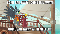 Size: 800x450 | Tagged: safe, derpibooru import, edit, edited screencap, screencap, gabby, griffon, the fault in our cutie marks, caption, come sail away, exploitable meme, gabby's shanty, image macro, meme, ship, solo, styx