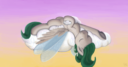 Size: 3185x1682 | Tagged: safe, artist:silvman, derpibooru import, oc, oc only, oc:j-sama, pegasus, pony, blank flank, cloud, cute, eyes closed, green mane, lying down, on back, sky, smiling, solo, spread wings, sunset, underhoof, wings