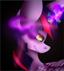 Size: 375x415 | Tagged: safe, artist:fizzy2014, twilight sparkle, twilight sparkle (alicorn), alicorn, pony, bust, dark magic, huge ears, impossibly large ears, magic, portrait, solo, sombra eyes