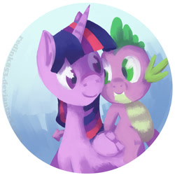 Size: 2000x2000 | Tagged: safe, artist:redink853, derpibooru import, spike, twilight sparkle, twilight sparkle (alicorn), alicorn, dragon, pony, baby, baby dragon, cute, duo, female, folded wings, happy, horn, looking at each other, male, mama twilight, mare, signature, smiling, spikabetes, spikelove, twiabetes, wings