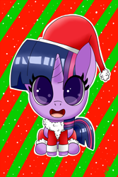 Size: 800x1200 | Tagged: safe, artist:sonikku001, twilight sparkle, twilight sparkle (alicorn), alicorn, pony, chibi, christmas, colored pupils, cute, hat, santa hat, solo, twiabetes