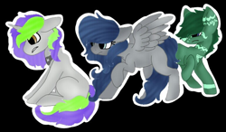 Size: 768x449 | Tagged: safe, artist:maydeathdousapart, oc, oc only, oc:frenzy nuke, earth pony, pegasus, pony, unicorn, base used, collar, oc needed, simple background