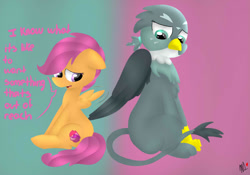 Size: 1000x700 | Tagged: safe, artist:coolpup126, derpibooru import, gabby, scootaloo, griffon, the fault in our cutie marks, cutie mark, scene interpretation, sitting, the cmc's cutie marks