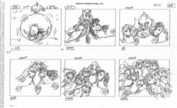 Size: 1008x612 | Tagged: safe, artist:wendell washer, applejack (g1), megan williams, sea pony, g1, rescue at midnight castle, black and white, grayscale, monochrome, storyboard