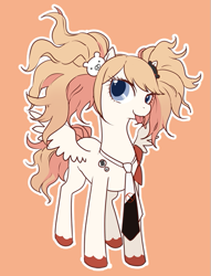 Size: 433x566 | Tagged: safe, artist:牛【仕事募集中】, pegasus, pony, blue eyes, bow, colored pupils, crossover, danganronpa, hair ornament, hairclip, junko enoshima, long hair, long mane, necktie, orange background, simple background, solo, tongue out, wings