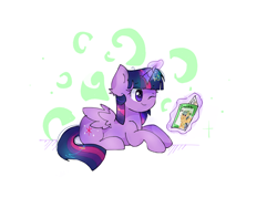 Size: 2048x1536 | Tagged: safe, artist:pinkflutter, twilight sparkle, twilight sparkle (alicorn), alicorn, pony, magazine, magic, one eye closed, prone, solo