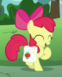 Size: 313x392 | Tagged: safe, derpibooru import, screencap, apple bloom, earth pony, pony, the cart before the ponies, adorabloom, bow, cute, eyes closed, female, filly, hair bow, open mouth, raised hoof, saddle bag, smiling, solo