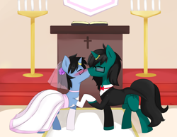 Size: 4500x3500 | Tagged: safe, artist:potzm, oc, oc only, oc:tinker doo, pony, unicorn, absurd resolution, blushing, clothes, crossdressing, dress, gay, glasses, kissing, male, marriage, oc x oc, shipping, wedding, wedding dress, wedding veil