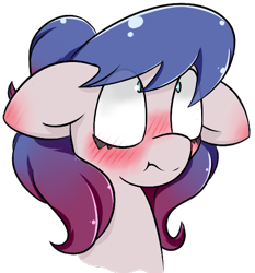 Size: 519x557 | Tagged: safe, artist:umbreow, oc, oc only, oc:glass tapper, earth pony, pony, blushing, blushing profusely, bust, ear blush, embarrassed, femboy, floppy ears, male, simple background, solo, transparent background