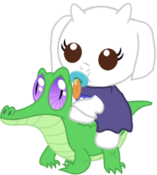 Size: 786x877 | Tagged: safe, artist:red4567, derpibooru import, gummy, pony, baby, baby goat, baby pony, crossover, cute, pacifier, ponies riding gators, ponified, riding, toriel, undertale