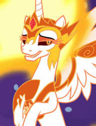 Size: 296x388 | Tagged: safe, screencap, daybreaker, alicorn, pony, a royal problem, cropped, lidded eyes, looking at you, smiling, smirk, solo, spread wings, wings