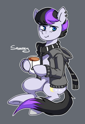 Size: 1061x1541 | Tagged: safe, artist:meewin, derpibooru import, oc, oc only, oc:snoozey, clothes, food, jacket, scarf, solo, tea