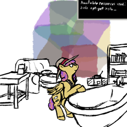 Size: 600x600 | Tagged: safe, artist:thebathwaterhero, oc, oc only, oc:brandy byte, artificial intelligence, bathtub, color, cyberpunk, cyoa, cyoa:semantic error, hat, rope, solo, tesseract