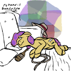 Size: 600x600 | Tagged: safe, artist:thebathwaterhero, oc, oc only, oc:brandy byte, pegasus, pony, artificial intelligence, brandy (drink), cyberpunk, cyoa, cyoa:semantic error, female, hat, mare, rope, sofa, solo