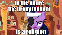 Size: 1280x720 | Tagged: safe, edit, edited screencap, screencap, twilight sparkle, pony, unicorn, it's about time, brony, eyepatch, female, futurama, future twilight, idolatry, image macro, in the future, mare, meme, op has a point, religion, solo, unamused