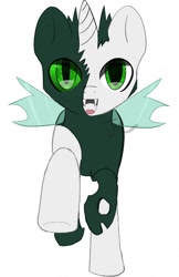 Size: 830x1280 | Tagged: safe, artist:samanthaleona, derpibooru import, oc, oc only, oc:tounicoon, changeling, hybrid, pony, unicorn, changeling oc, cute, cuteling, running, simple background, smiling, solo, white background, young