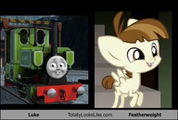 Size: 401x271 | Tagged: safe, derpibooru import, featherweight, cheezburger, luke, meme, thomas the tank engine, totally looks like, train