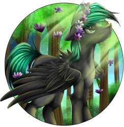 Size: 1958x2009 | Tagged: safe, artist:spicybrowniemix101, oc, oc only, oc:alice, pegasus, pony, crepuscular rays, female, flower, flower in hair, flower petals, mare, solo