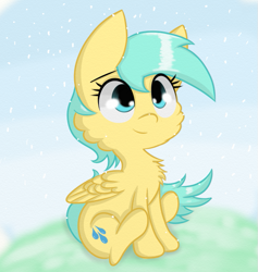 Size: 647x683 | Tagged: safe, artist:springveil, sunshower raindrops, chest fluff, cute, fluffy, sitting, smiling, snow, solo