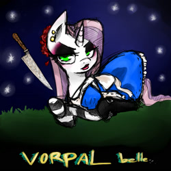 Size: 1700x1700 | Tagged: safe, artist:ayeletshemtov, derpibooru import, sweetie belle, american mcgee's alice, parody, ponified, vorpal blade