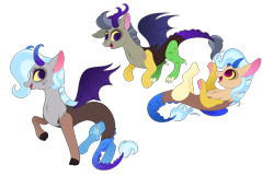 Size: 1581x1018 | Tagged: safe, artist:carouselunique, oc, oc only, oc:hat trick, oc:spectacle, oc:star swirl, draconequus, hybrid, interspecies offspring, looking at each other, looking back, next generation, offspring, open mouth, parent:discord, parent:trixie, parents:trixcord, simple background, smiling, transparent background