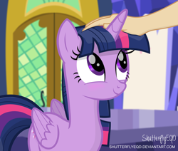 Size: 3070x2602 | Tagged: safe, artist:shutterflyeqd, twilight sparkle, twilight sparkle (alicorn), alicorn, human, pony, blushing, cute, female, hand, human on pony petting, looking up, mare, offscreen character, petting, smiling, twiabetes, twilight's castle