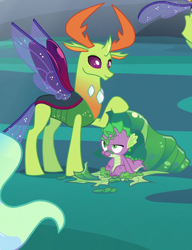 Size: 830x1080 | Tagged: safe, screencap, spike, thorax, changedling, changeling, dragon, to where and back again, changeling king, changeling slime, cocoon, cropped, duo focus, king thorax, male