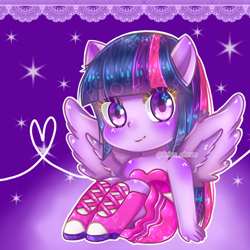 Size: 768x768 | Tagged: safe, artist:krisscheen, twilight sparkle, equestria girls, boots, chibi, fall formal outfits, looking at you, ponied up, pony ears, sitting, smiling, solo, twilight ball dress, watermark, wings