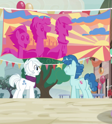 Size: 973x1080 | Tagged: safe, screencap, double diamond, party favor, pony, to where and back again, banner, cropped, sunset festival