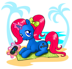 Size: 4000x3873 | Tagged: safe, artist:chimajra, oc, oc only, oc:play joy, pony, unicorn, bow, hair bow, magic, palm tree, prone, simple background, solo, transparent background, tree, video game