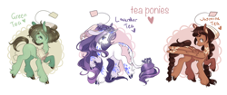 Size: 1024x430 | Tagged: safe, artist:lana-jay, oc, oc only, oc:green tea, oc:jasmine tea, oc:lavender tea, classical unicorn, earth pony, pegasus, pony, unicorn, adoptable, body markings, braid, braided tail, choker, colored, digital art, female, large ears, leonine tail, long feather, long mane, not rarity, ponified, unshorn fetlocks