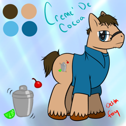 Size: 720x720 | Tagged: safe, artist:deltafairy, derpibooru import, oc, oc only, oc:creme' de cocoa, pony, bartender, male, reference sheet, solo, stallion