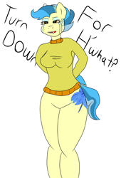 Size: 4120x6050 | Tagged: safe, artist:silver cobalt, oc, oc only, oc:nightfall, anthro, absurd resolution, anthro oc, blue hair, bottomless, breasts, clothes, cutie mark, eyeshadow, female, hands behind back, king of the hill, makeup, mare, partial nudity, question, solo, standing, sweater, talking, text, turn down for what, tvpaint