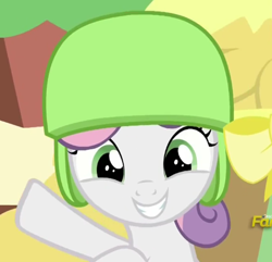 Size: 450x434 | Tagged: safe, derpibooru import, screencap, sweetie belle, pony, the cart before the ponies, cute, helmet, solo